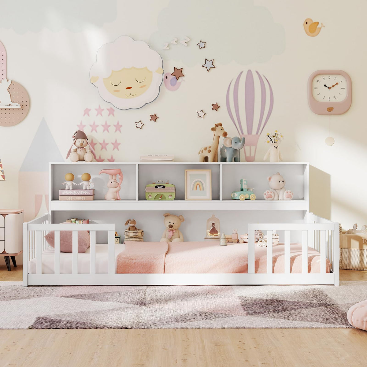 Goflame Wooden Montessori Bed Frame with Bookcase