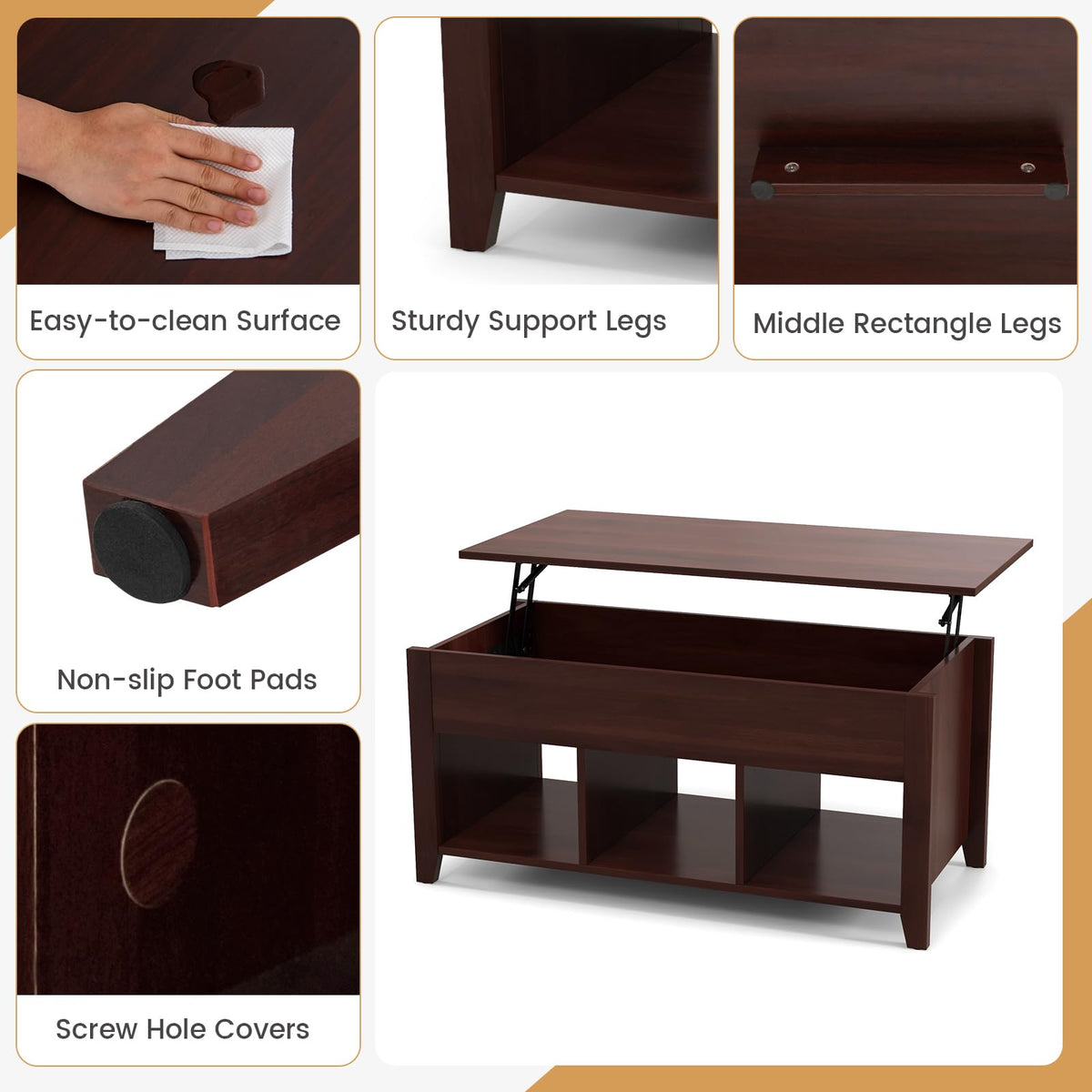 Goflame Lift Top Coffee Table - Rectangular Wooden Table w/Hidden Compartment & Open Storage Shelves