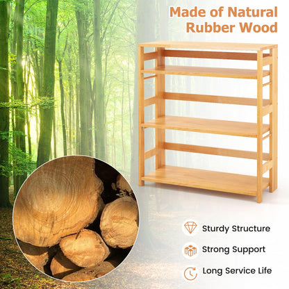 Goflame 4-Tier Bookshelf, 34.5" Floor Storage Shelf w/Rubber Wood Frame, Anti-Toppling Kits, Side Fences