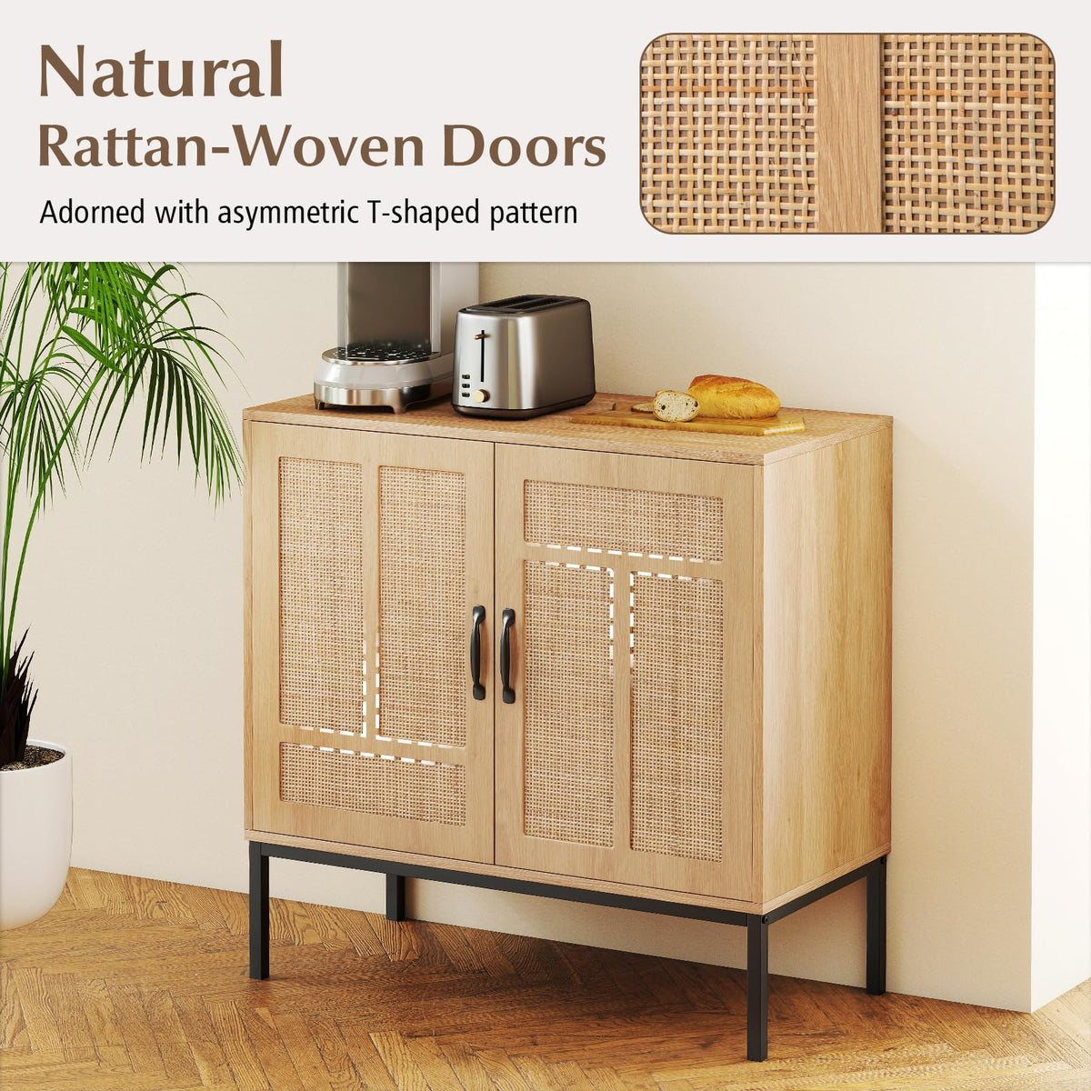 Goflame Sideboard Cabinet Boho Rattan Buffet Cabinet with Storage Adjustable Shelves 2 Doors