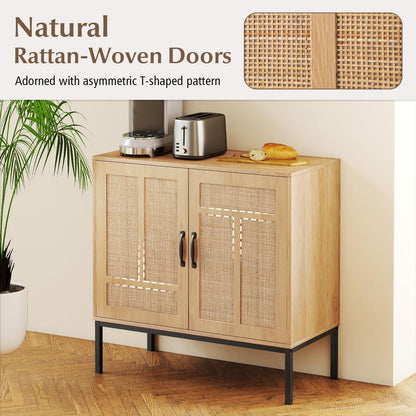 Goflame Sideboard Cabinet Boho Rattan Buffet Cabinet with Storage Adjustable Shelves 2 Doors