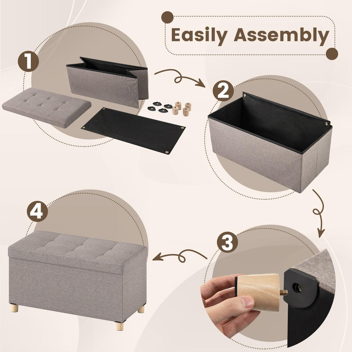 Goflame 30 Inches Storage Ottoman Bench with Tray and Rubber Wood Legs