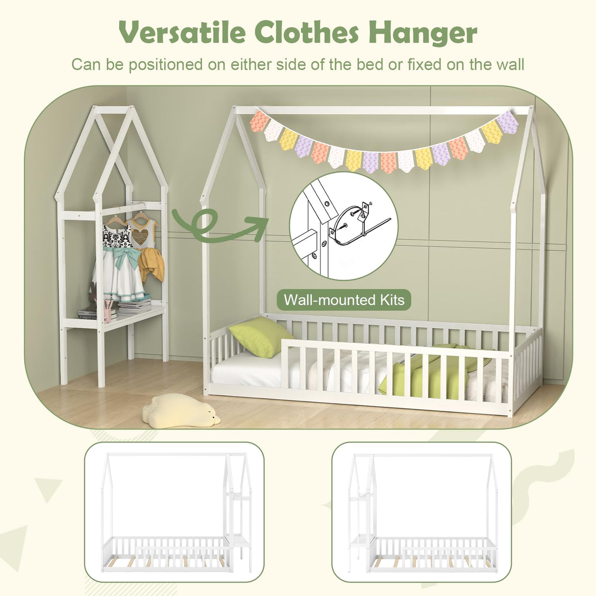 Goflame Twin House Floor Bed, Solid Wood Montessori Floor Bed with Detachable Storage Shelf & Clothes Hanger