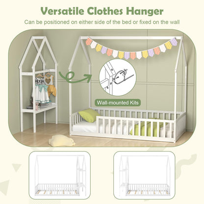 Goflame Twin House Floor Bed, Solid Wood Montessori Floor Bed with Detachable Storage Shelf & Clothes Hanger