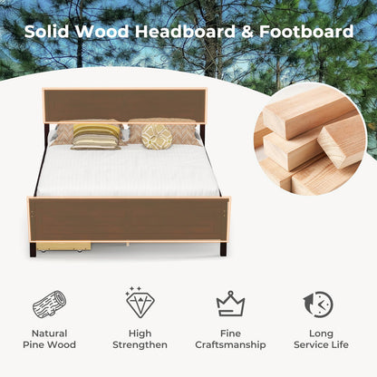 Goflame Wood Full Size Bed Frame with 2 Storage Drawers, Solid Wood Platform Bed with Headboard