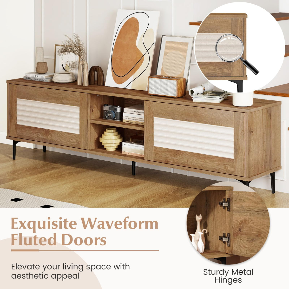 Goflame Mid Century Modern TV Stand for 55-65 Inch TV Waveform Fluted Entertainment Center
