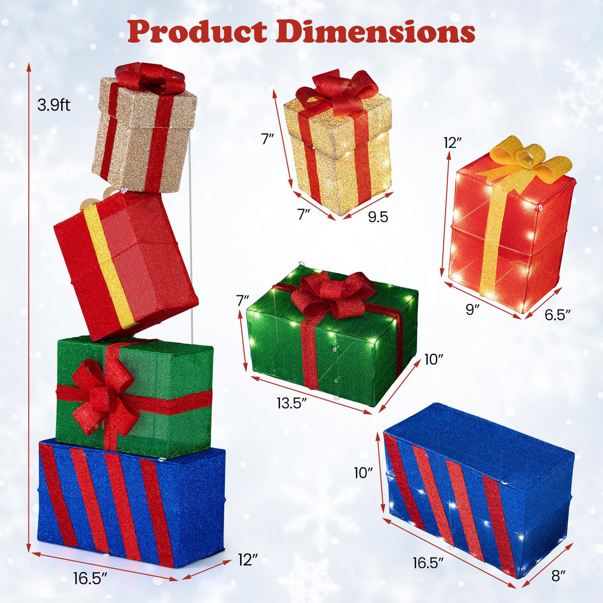 Goflame Christmas Lighted Gift Boxes Set of 4 | Light Up Present Boxes with Colorful Bows