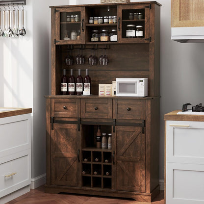 Goflame 72" Farmhouse Coffee Bar Cabinet w/Glass Doors & Wine Racks