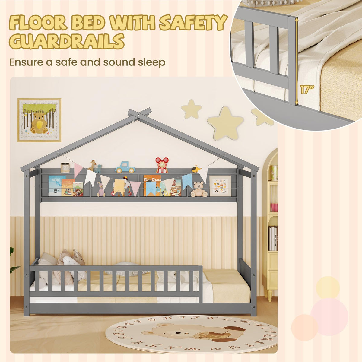 Goflame Twin Floor House Bed with Storage Shelf, Wood Twin Bed Frames with Headboard & Guardrail
