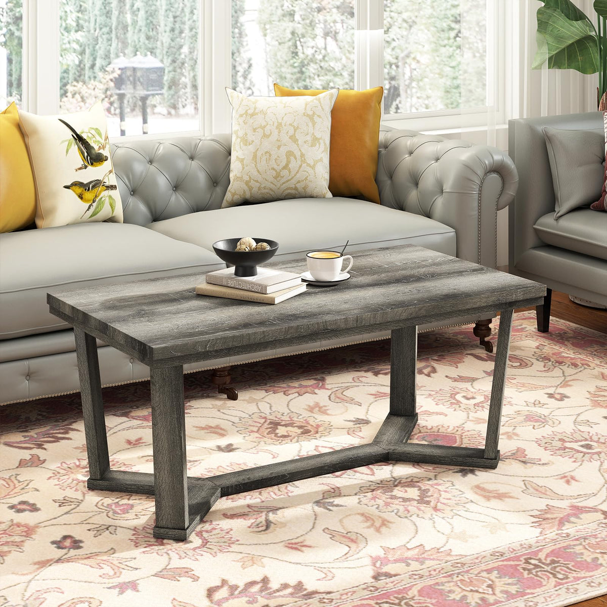 Goflame Farmhouse Wood Coffee Table with Cross-Shaped Base & Rubber Wood Frame