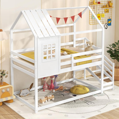 Goflame Twin Bunk Beds with Stairs, Floor House Bed with Roof & Window