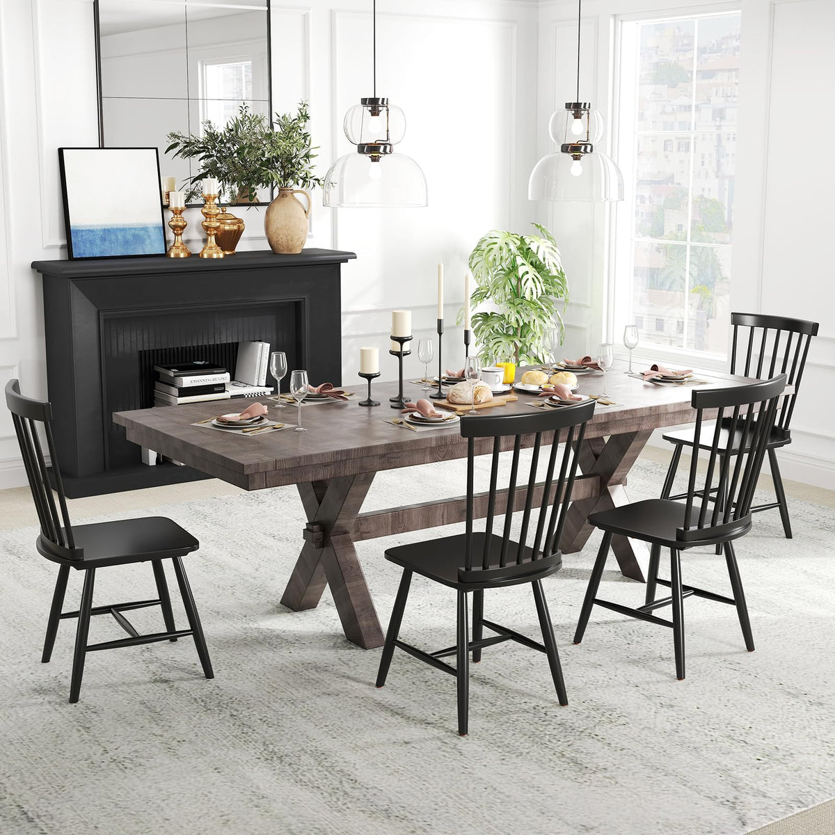 Goflame Windsor Dining Chairs Set of 2/4 Black, w/Wide Seat & Spindle Back, Max Load 400 Lbs