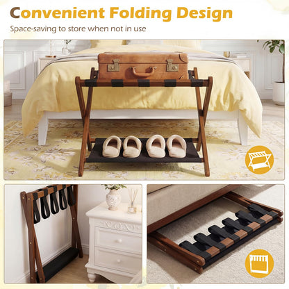 Goflame Folding Luggage Rack | Solid Rubber Wood Suitcase Stand with Storage Shelves