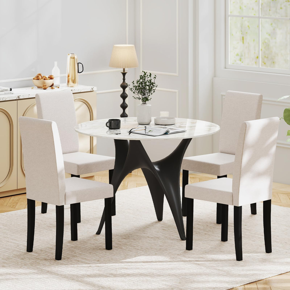 Goflame Upholstered Dining Chair Set of 2/4 Mid Century Modern Fabric Kitchen Chairs with Thick Padded Seat