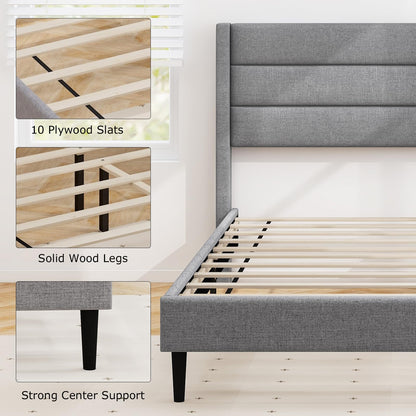Goflame Queen/Twin Size Bed Frame, Modern Linen Upholstered Platform Bed with Wingback Headboard