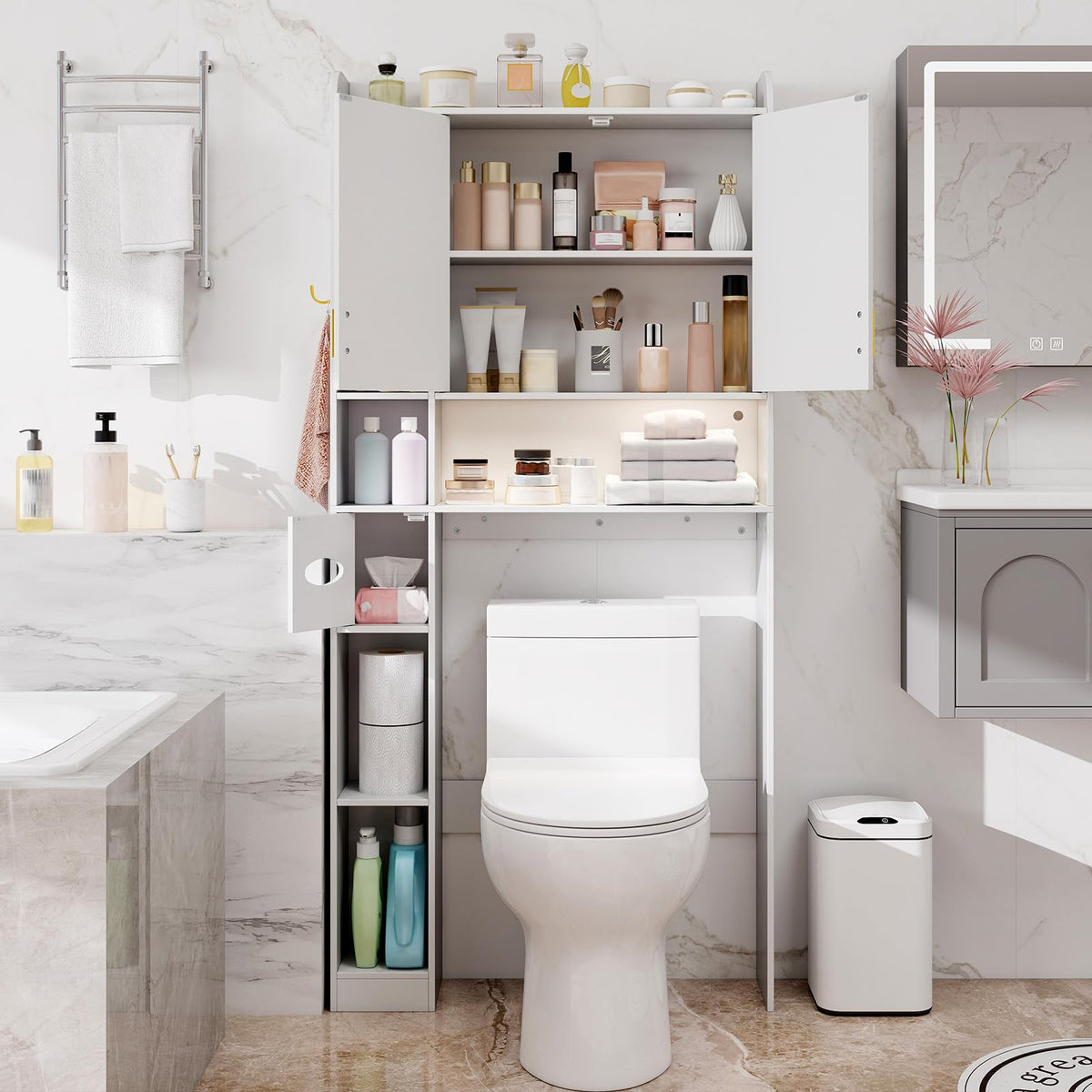 Goflame Over The Toilet Storage Cabinet with LED Light Doors Toilet Paper Holder