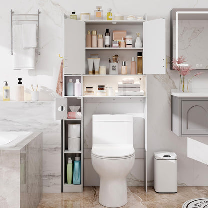 Goflame Over The Toilet Storage Cabinet with LED Light Doors Toilet Paper Holder