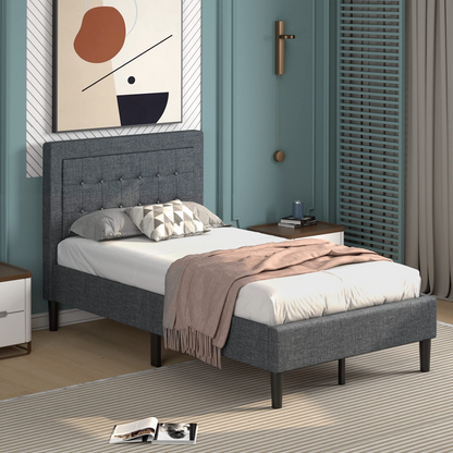 Modern Twin Size Platform Bed w/Button Tufted Headboard | Upholstered Bed Frame