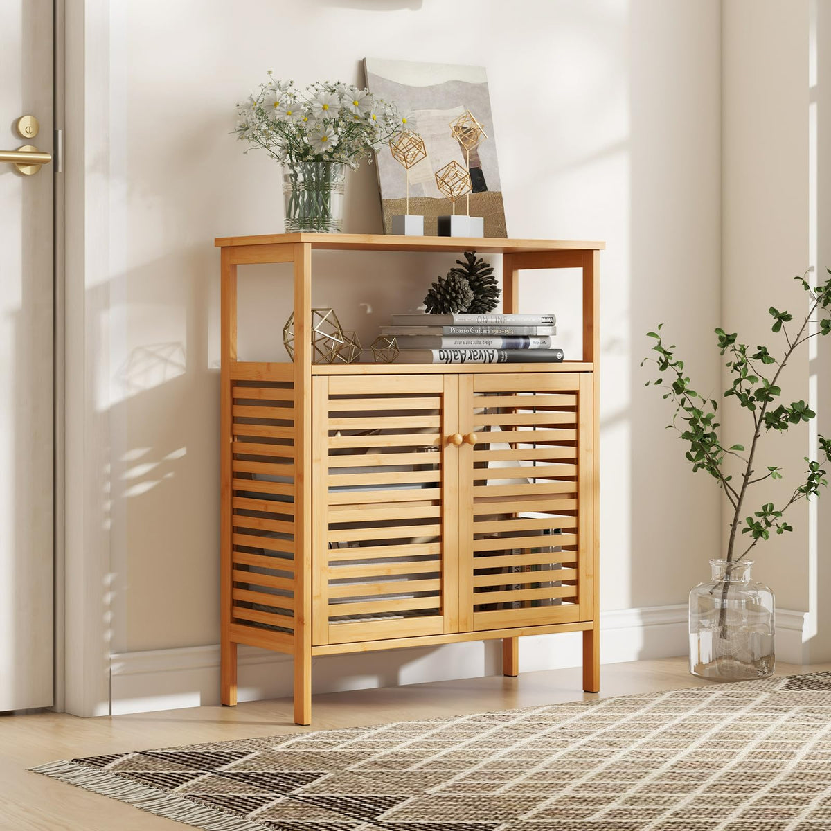 Goflame Storage Cabinet, Bamboo Bathroom Floor Cabinet with Double Louvered Doors