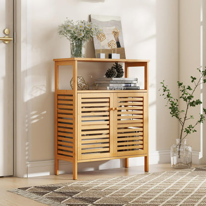 Goflame Storage Cabinet, Bamboo Bathroom Floor Cabinet with Double Louvered Doors