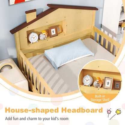 Goflame Twin Bed Frames for Kids, Solid Wood Montessori Bed with House-Shaped Headboard & Built-in Storage Shelf