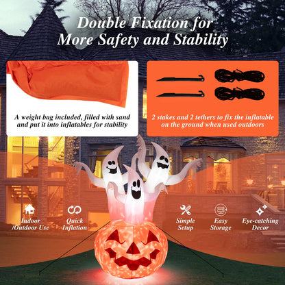 6FT Halloween Inflatable Decorations, 3 White Ghosts on Pumpkin