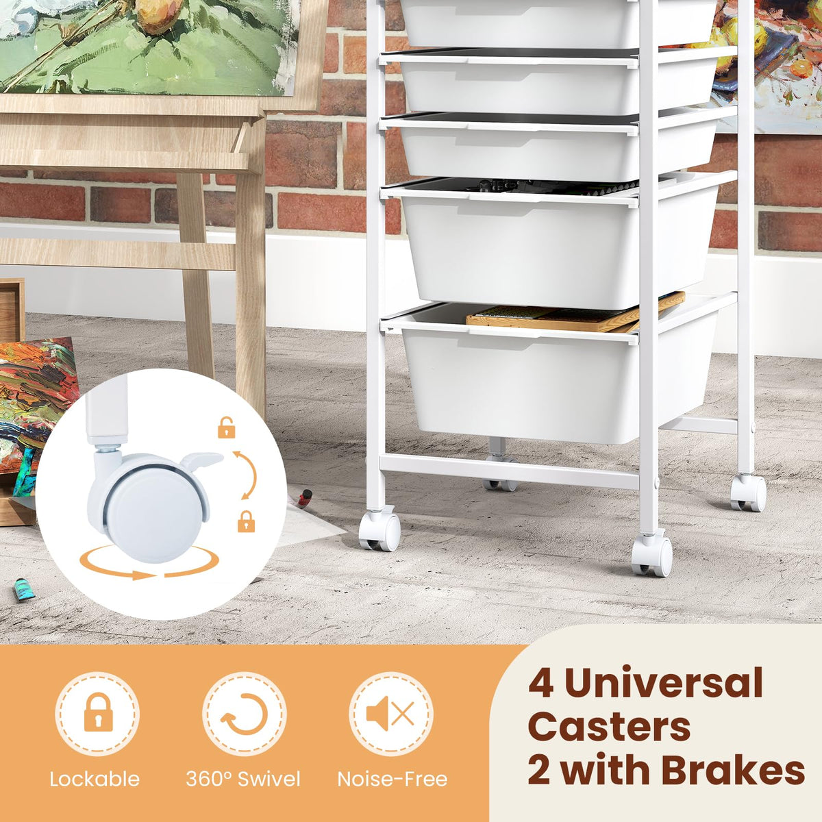 Goflame 5-Drawer Rolling Storage Cart Mobile Utility Organizer with Wooden Tabletop and Lockable Wheels