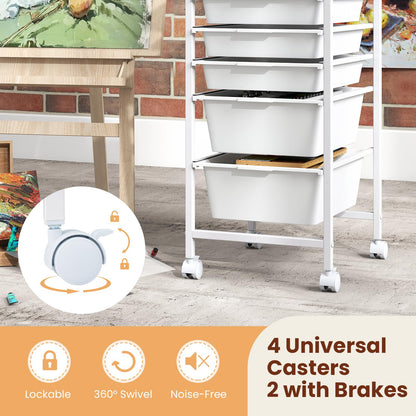 Goflame 5-Drawer Rolling Storage Cart Mobile Utility Organizer with Wooden Tabletop and Lockable Wheels