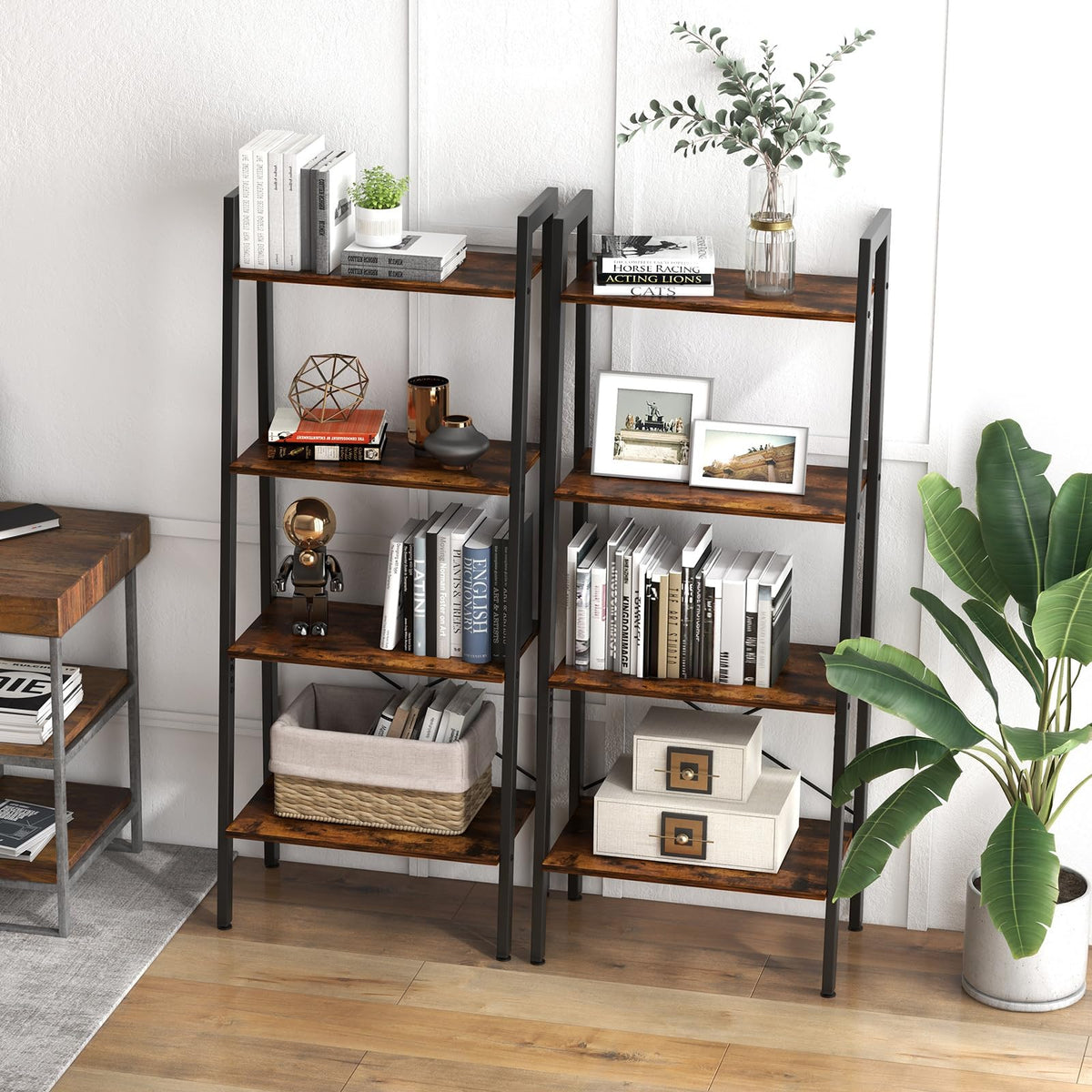 Goflame Industrial 4-Tier Bookshelf, Ladder Bookshelf with Metal Frame, Anti-Tipping Kits