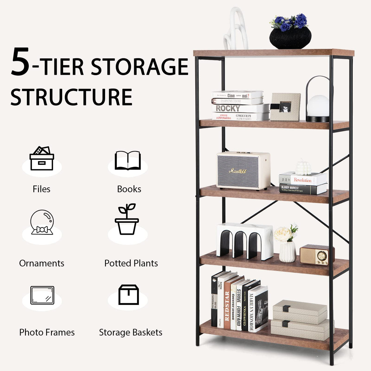Goflame Industrial 5-Tier Wood Bookshelf - 63’’ Tall Open Storage Organizer Shelves with Anti-Tipping Device and Foot Pads