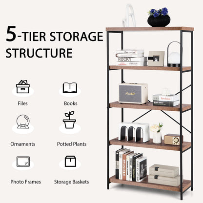 Goflame Industrial 5-Tier Wood Bookshelf - 63’’ Tall Open Storage Organizer Shelves with Anti-Tipping Device and Foot Pads