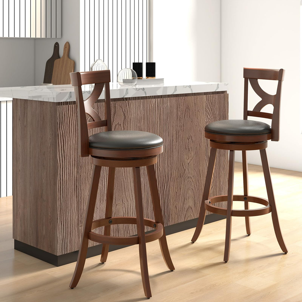 Goflame Bar Stools Set of 2, 30.5" Counter Height Bar Dining Chairs with Back & Footrest, Rubber Wood Frame