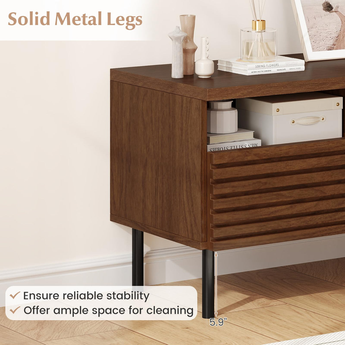 Goflame Mid Century Modern TV Stand with Fluted Entertainment Center