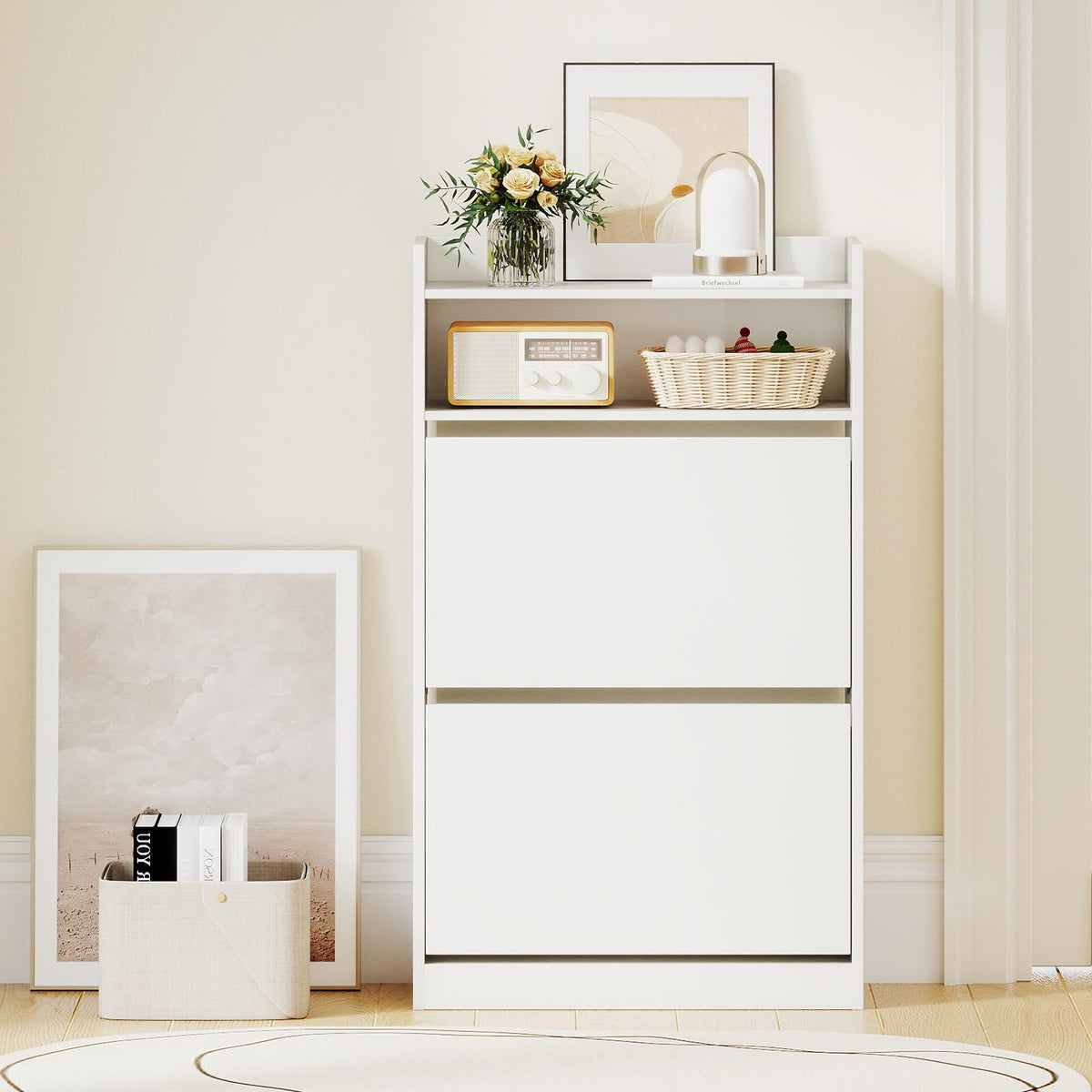 Goflame Shoe Cabinet with 2 Flip Drawers Freestanding Narrow Shoe Organizer Cabinet