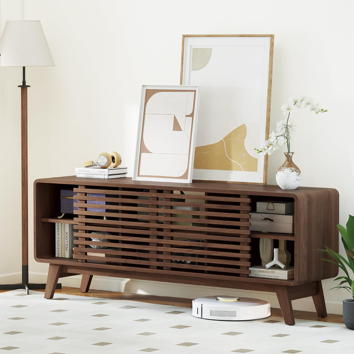 Goflame TV Stand for 60/65 Inch TV | Mid-Century Modern Entertainment Center with Storage Cabinet