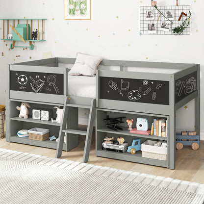Goflame Low Loft Bed Twin Size, Wooden Loft Bed with Ladder & Blackboard