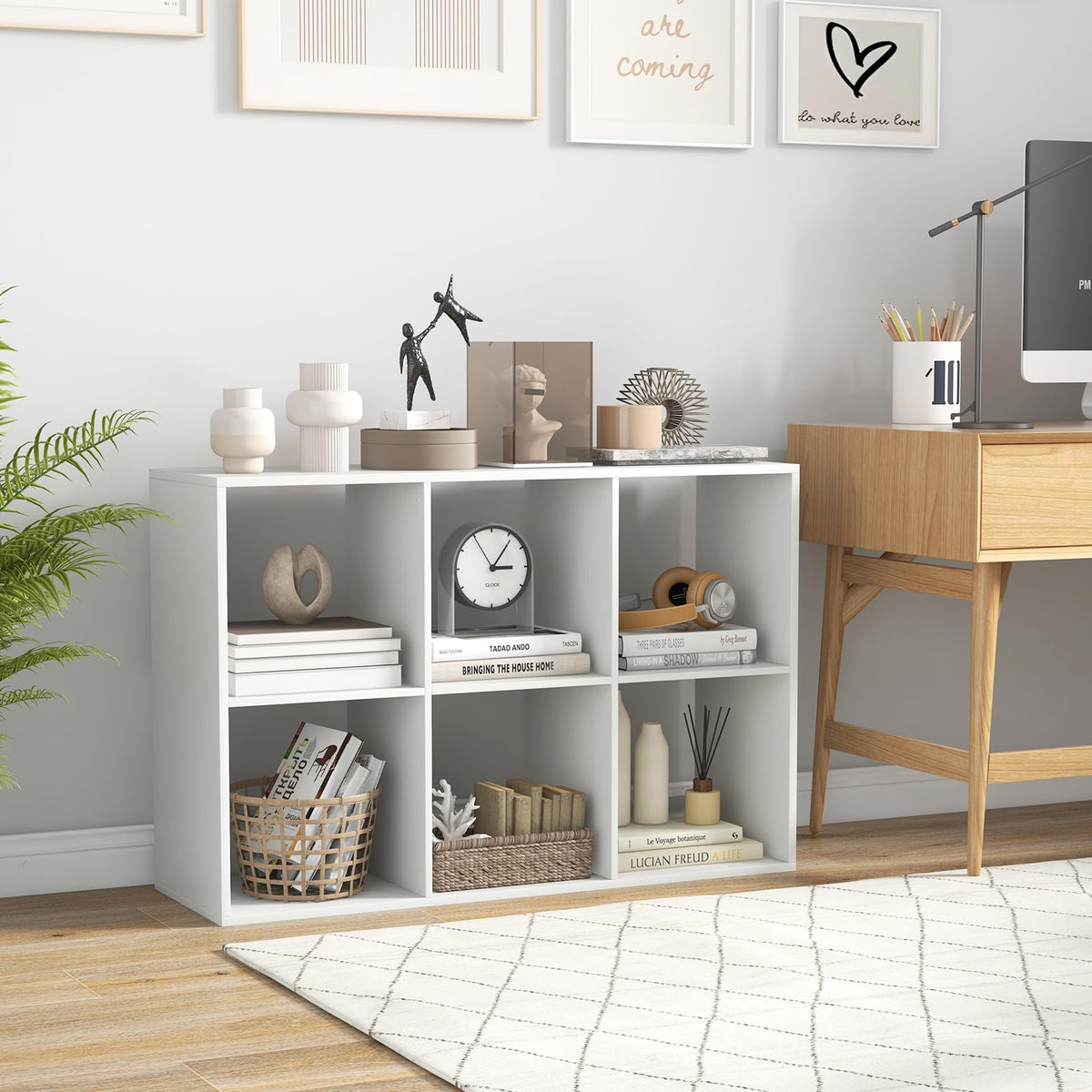 Goflame 6-Cube Bookcase, White Cubby Bookshelf w/Back Guardrail & Anti-Tipping Kits