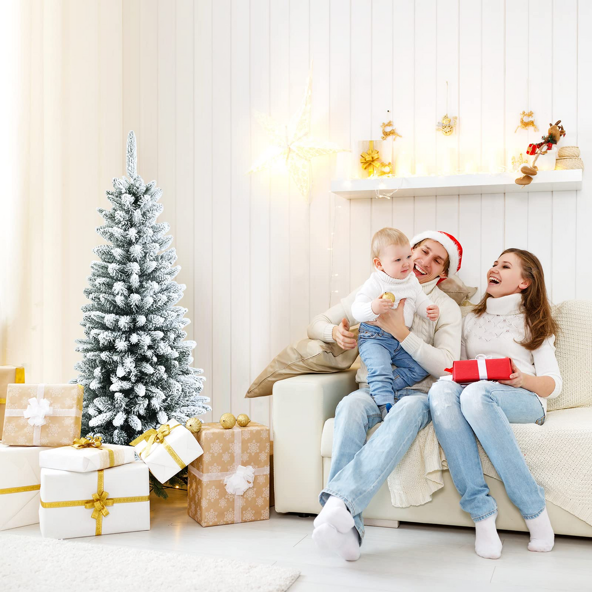 Goflame Snow Flocked Pencil Christmas Tree, Hinged Artificial Slim Xmas Tree - GoflameUS