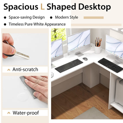 Goflame L Shaped Computer Desk, 51" Large Corner Desk with 2 Cable Holes & 2 Storage Shelves, White