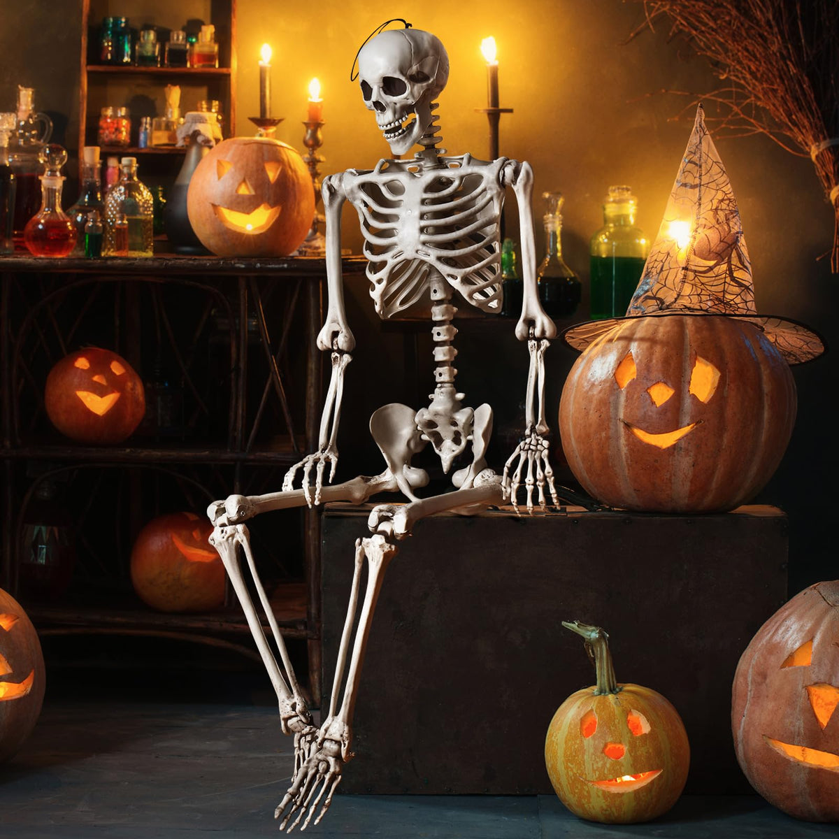 Halloween Life Size Full Body Skeleton, 5.4Ft Festival Skeleton Prop Decoration w/7 Movable Components