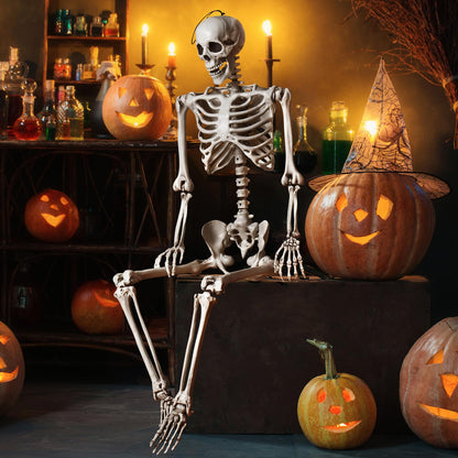 Halloween Life Size Full Body Skeleton, 5.4Ft Festival Skeleton Prop Decoration w/7 Movable Components