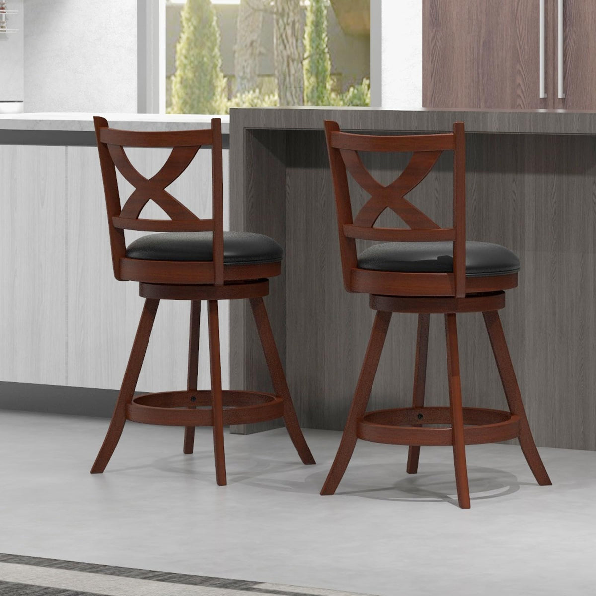 Goflame Swivel Bar Stools Set of 2, Farmhouse Wooden Barstools with Back
