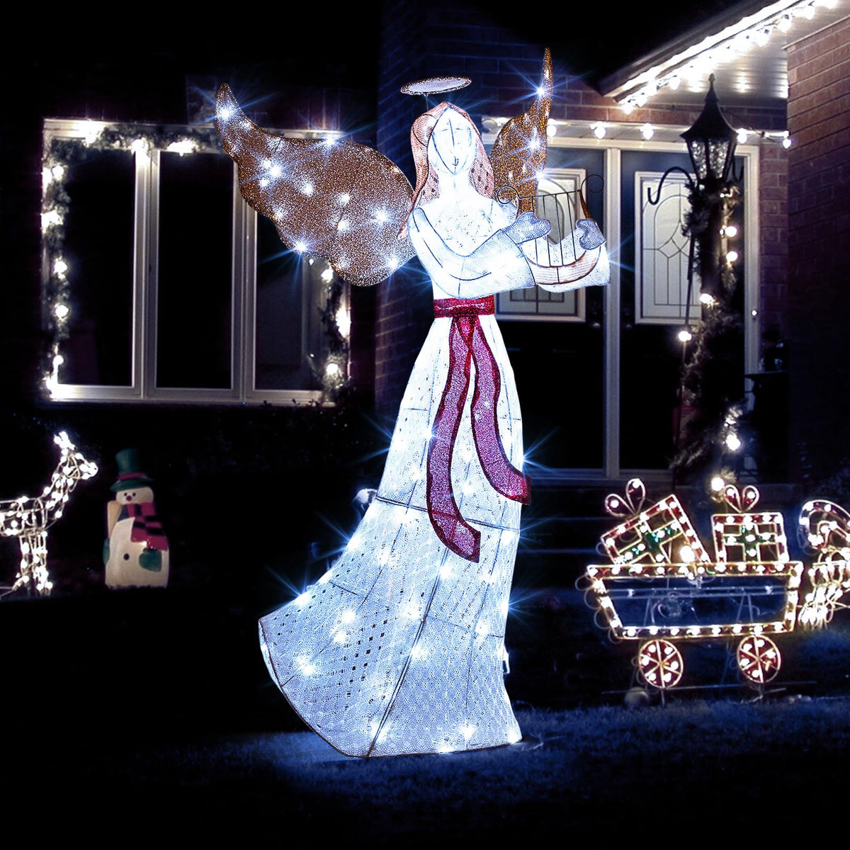 Goflame 5 FT Christmas Lighted Angel, Pre-Lit Winged Holiday Figure Angel with 120 Cold White LED Lights
