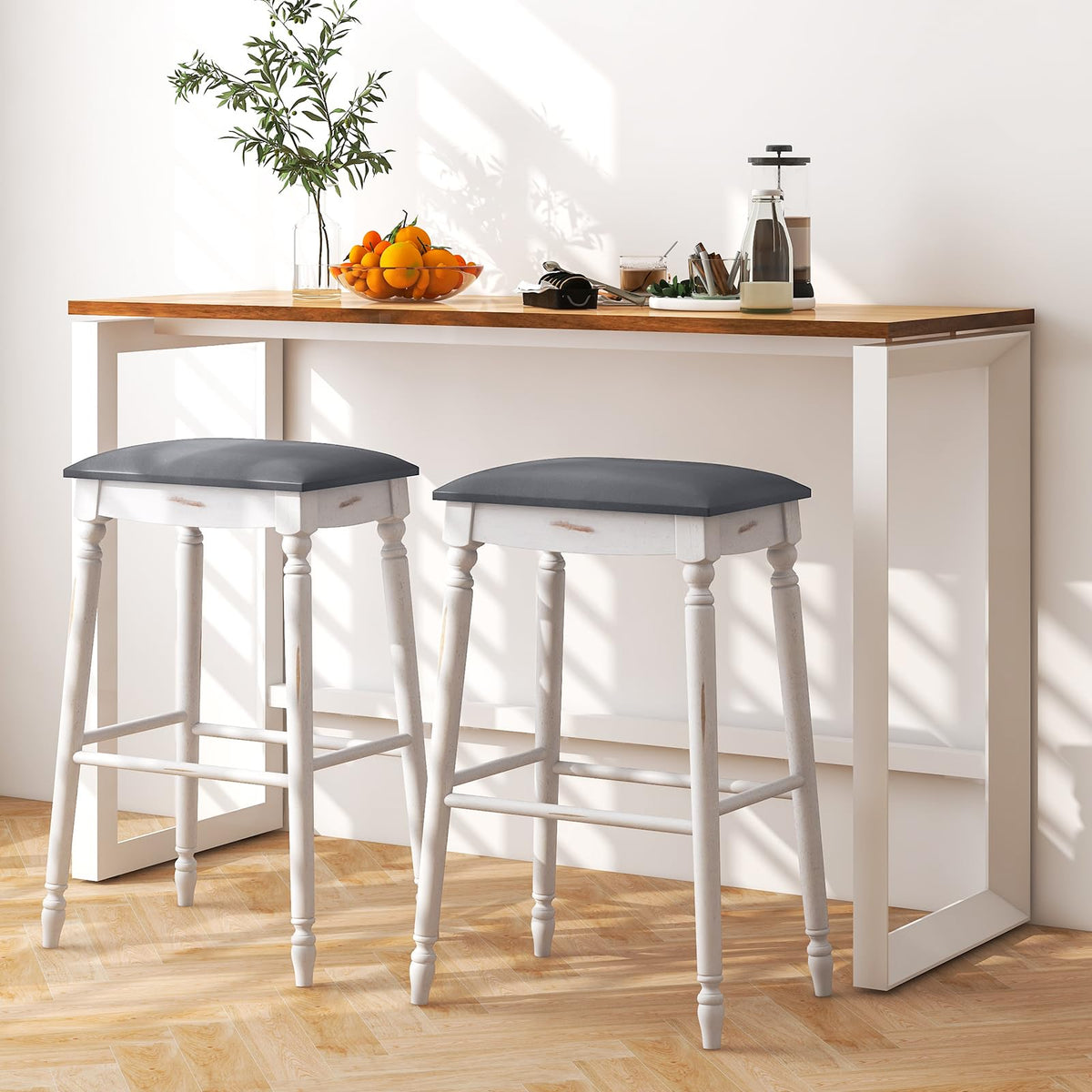 Goflame Bar Stools, 29"/24" Bar Height Saddle Stools w/Padded Seat, Rubber Wood Legs, Footrests & Antiqued Surface