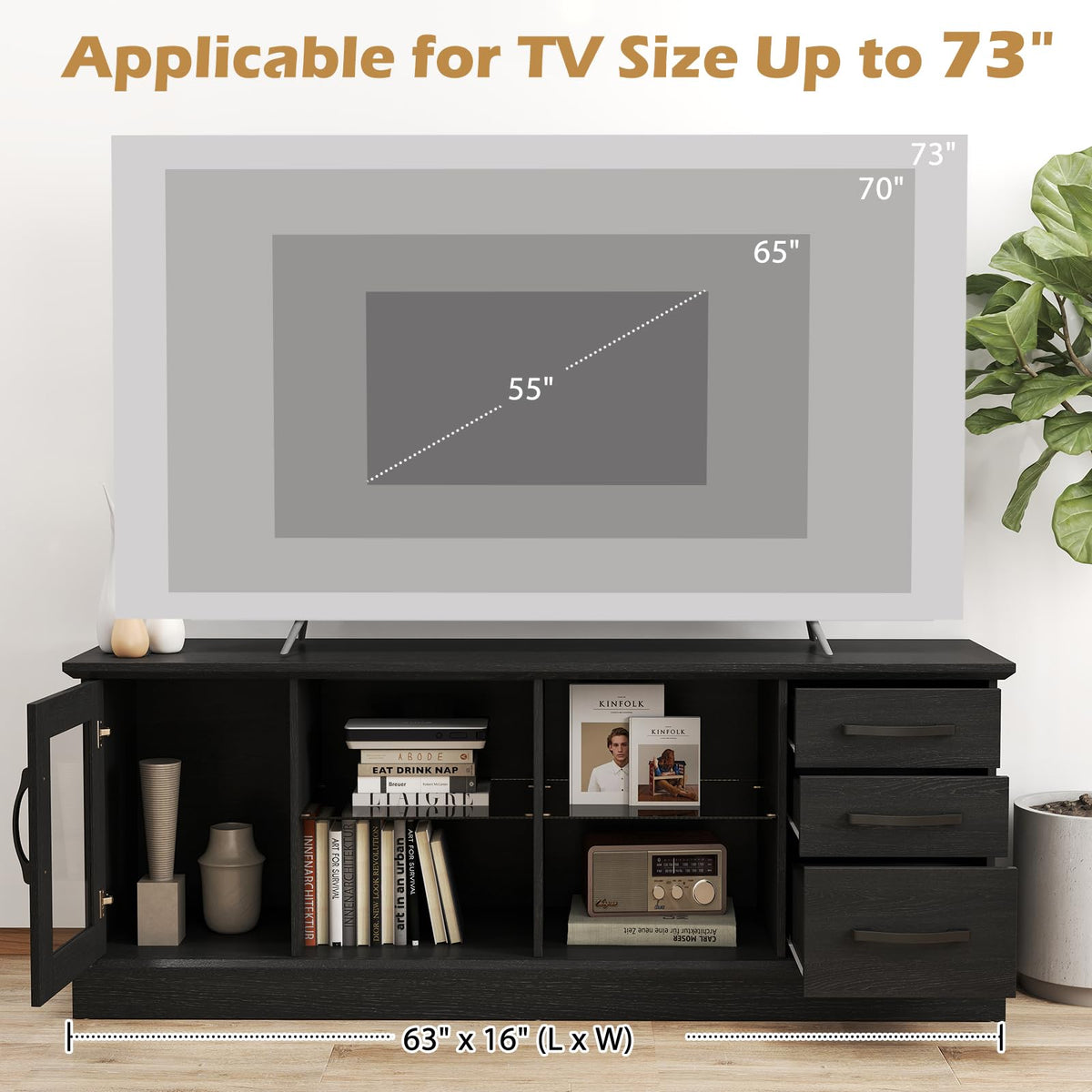 Goflame TV Stand for TVs up to 73”, Entertainment Center w/Cable Management Holes, Drawers