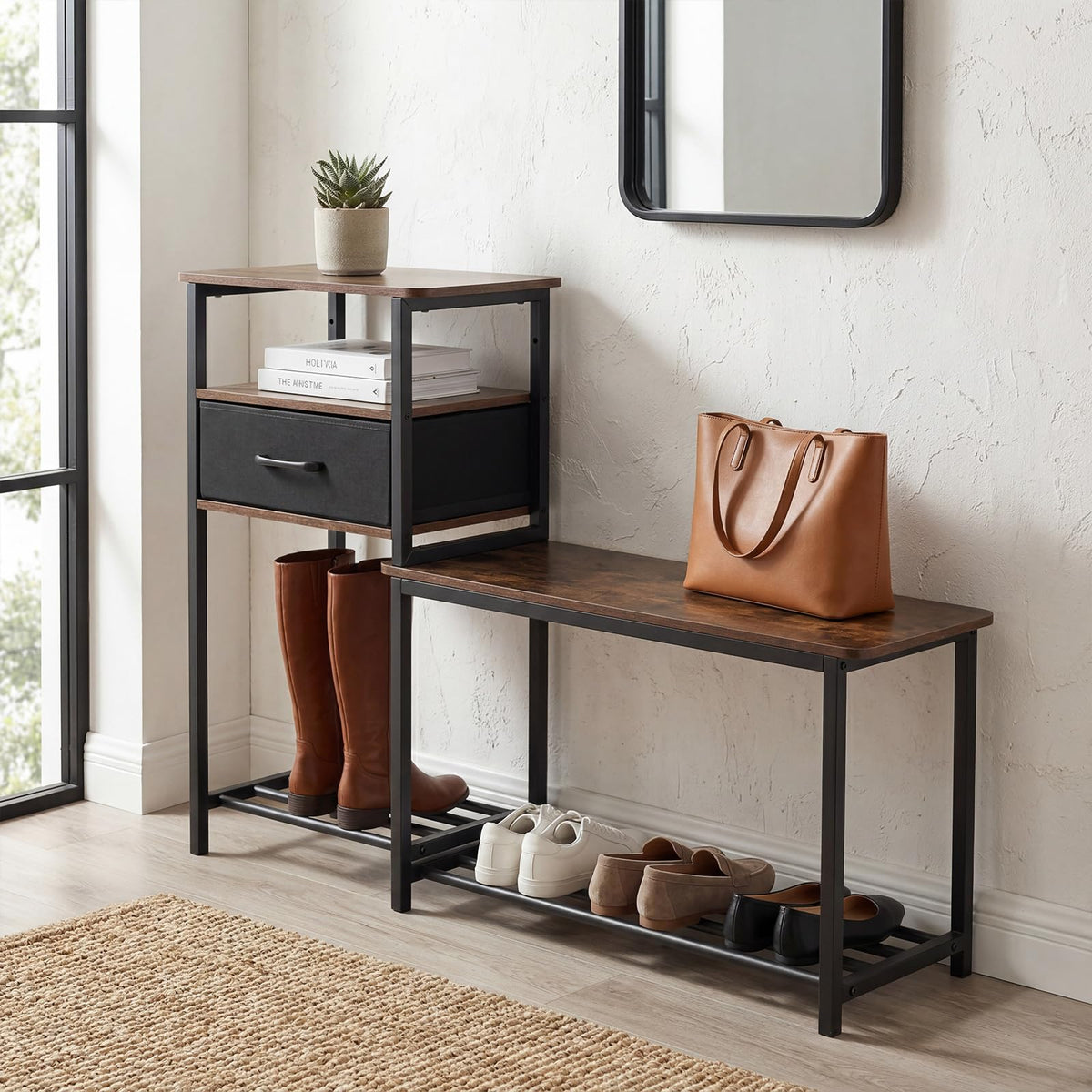 Goflame 3-Tier Industrial Shoe Storage Bench with Drawer & Metal Frame