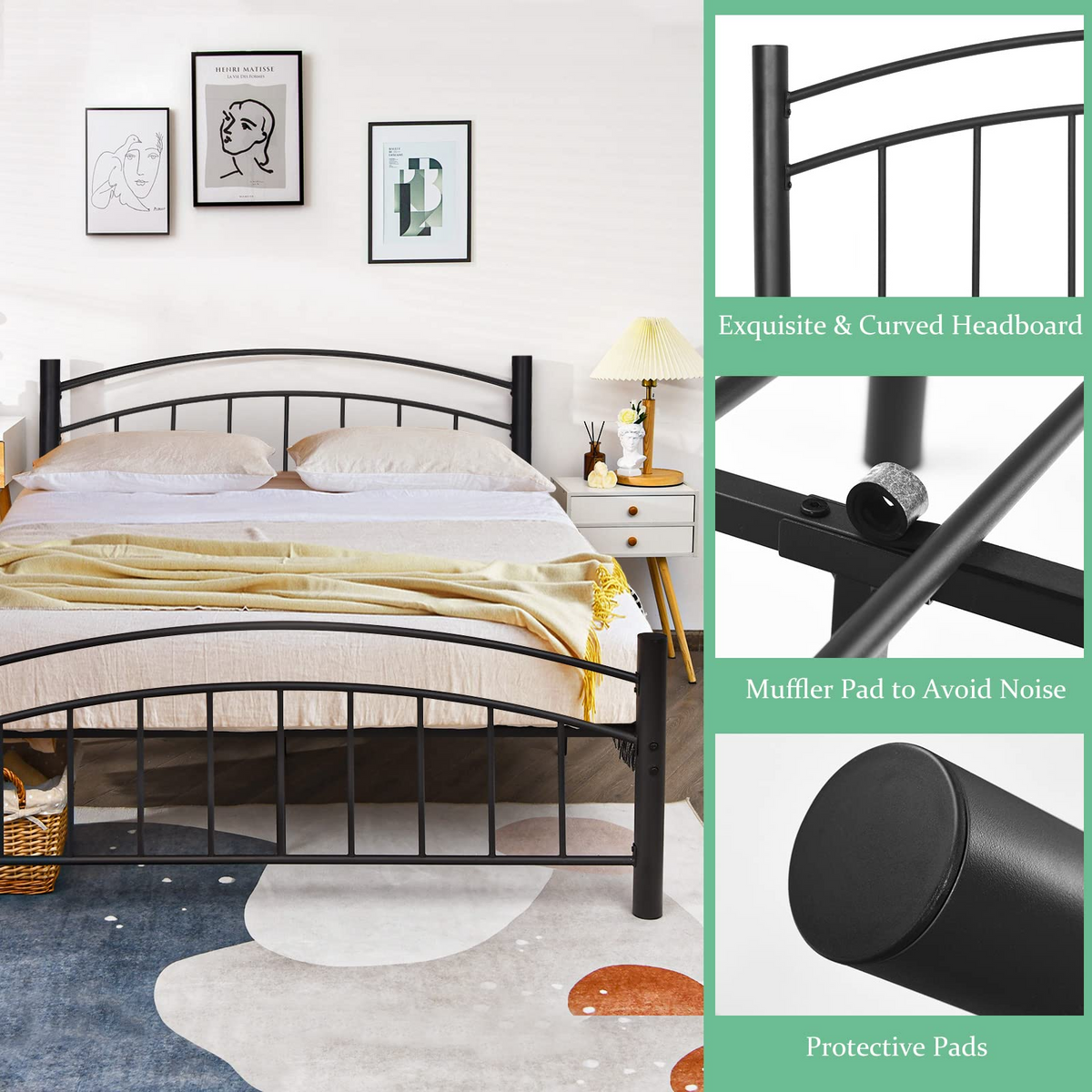 Queen/Full/Twin Size Black Modern Platform Bed with Headboard and Footboard | Metal Bed Frame