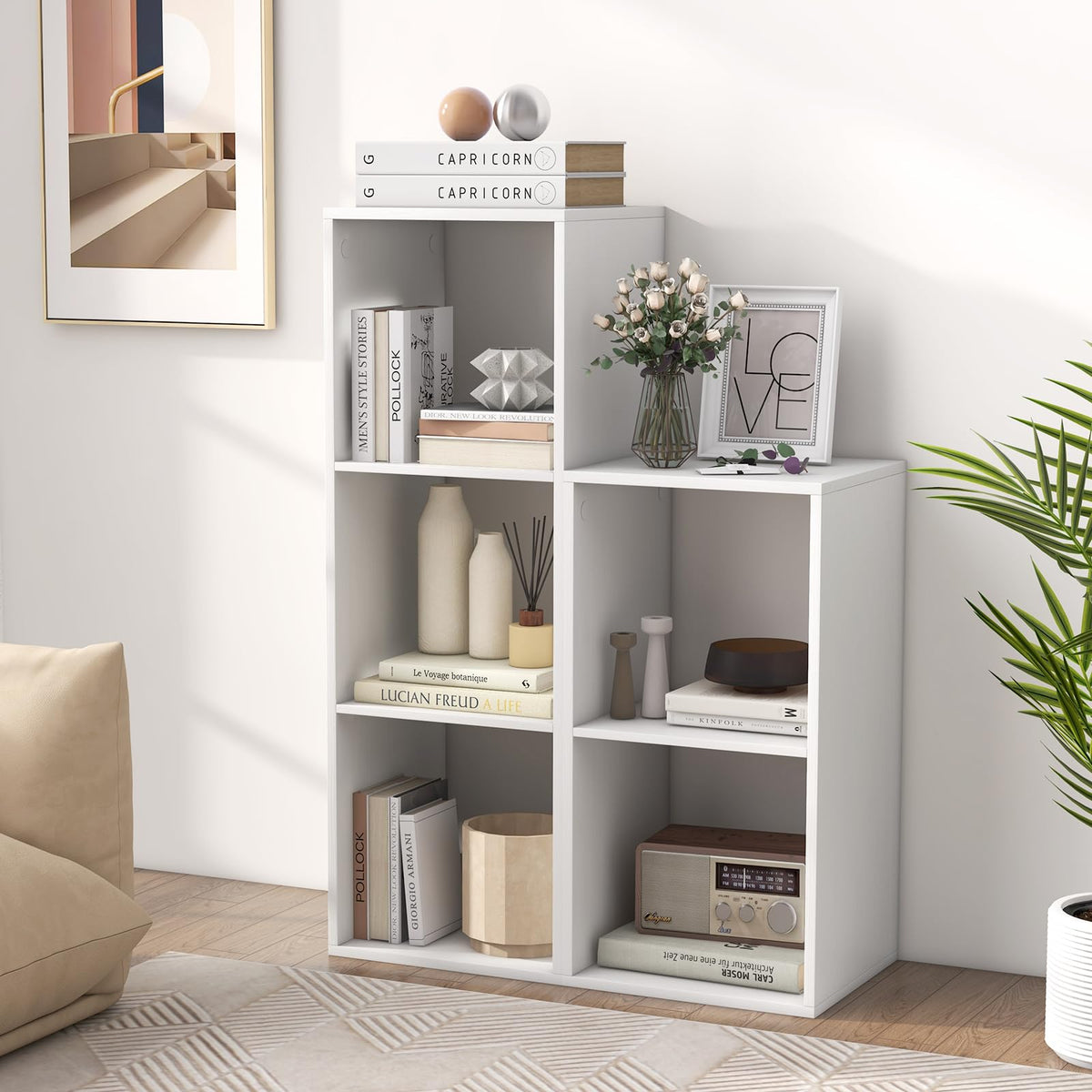 Goflame 3-Cube Bookcase, White Cubby Bookshelf w/Back Guardrail & Anti-Tipping Kits