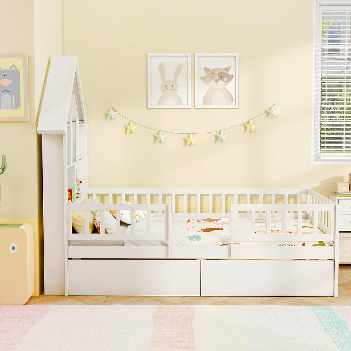 Goflame Twin House Bed with 2 Storage Drawers