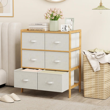 Goflame White Dresser for Bedroom Bamboo 6 Fabric Drawers Storage Tower with Top Shelf